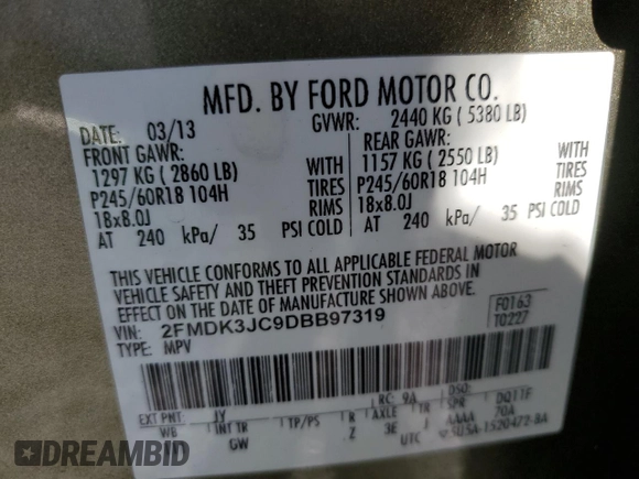 2013 Ford Edge SEL with VIN 2FMDK3JC9DBB97319, listed as a Copart auction lot 52888525 with 86,603 mi miles and Salvage Title. Bid and sale history available at carsss.com. Image 14.