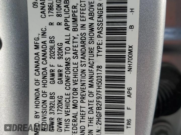 2015 Honda Civic EX-L with VIN 2HGFB2F97FH503178, listed as a Copart auction lot 46661675 with 171,444 mi miles and Salvage Title. Bid and sale history available at carsss.com. Image 13.