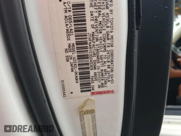 2003 Lexus SC 430 with VIN JTHFN48Y030045309, listed as a Copart auction lot 59034585 with 104,167 mi miles and Salvage title. Bid and sale history available at DreamBid. Image 12.