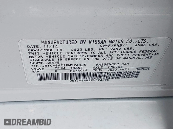 2015 Infiniti Q40 with VIN JN1CV6AR2FM524365, listed as a IAAI auction lot 41751603 with 1 mi miles. Bid and sale history available at carsss.com. Image 9.
