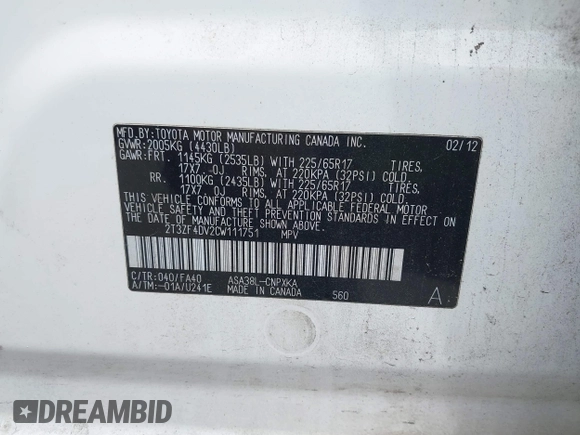 2012 Toyota RAV4 with VIN 2T3ZF4DV2CW111751, listed as a IAAI auction lot 41877351 with 129,579 mi miles. Bid and sale history available at carsss.com. Image 9.