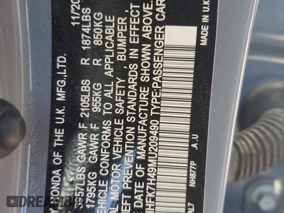 2021 Honda Civic Sport with VIN SHHFK7H49MU209490, listed as a Copart auction lot 53316845 with 65,774 mi miles and Non Repairable. Bid and sale history available at DreamBid. Image 12.