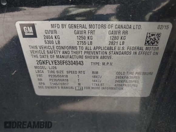 2015 GMC Terrain SLT z VIN 2GKFLYE36F6304943, wystawiony jako IAAI lot #41900161 z przebiegiem 228 648 mil mil oraz . Historia ofert i sprzedaży dostępna na DreamBid. Obrazek 9.