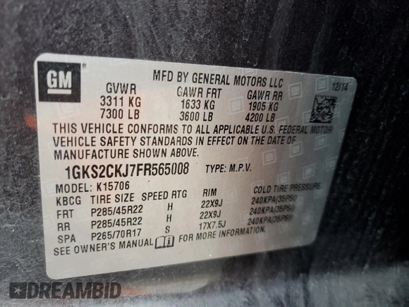 2015 GMC Yukon Denali with VIN 1GKS2CKJ7FR565008, listed as a Copart auction lot 48765355 with 191,606 mi miles and Clean Title. Bid and sale history available at carsss.com. Image 13.