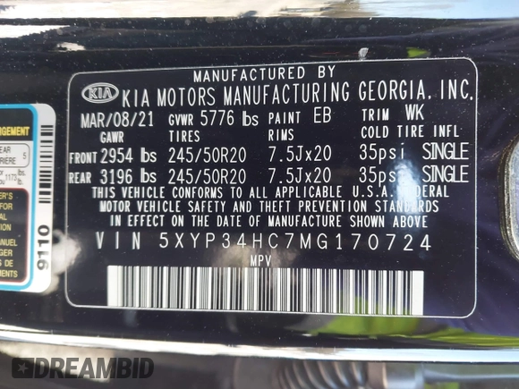 2021 Kia Telluride EX z VIN 5XYP34HC7MG170724, wystawiony jako IAAI lot #41640002 z przebiegiem 36 812 mil mil oraz . Historia ofert i sprzedaży dostępna na DreamBid. Obrazek 9.