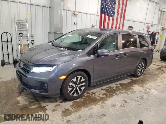 2025 Honda Odyssey EX-L with VIN 5FNRL6H62SB014447, listed as a Copart auction lot 86722724 with 1,327 mi miles and Salvage Title. Bid and sale history available at carsss.com. Image 1.