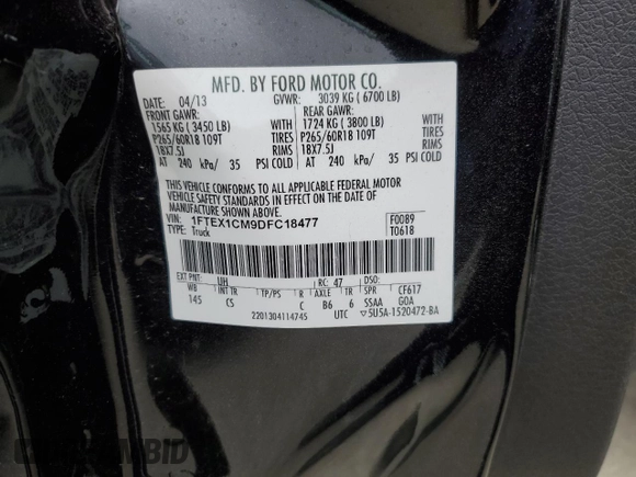 2013 Ford F-150 XL with VIN 1FTEX1CM9DFC18477, listed as a Copart auction lot 49625425 with 121,136 mi miles and Salvage Title. Bid and sale history available at carsss.com. Image 12.