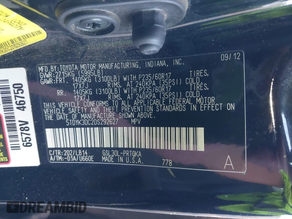 2013 Toyota Sienna XLE AAS with VIN 5TDYK3DC2DS292627, listed as a IAAI auction lot 41953059 with 186,007 mi miles and . Bid and sale history available at DreamBid. Image 9.