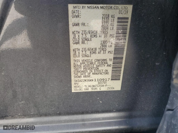 2019 Nissan Murano S with VIN 5N1AZ2MJ6KN110917, listed as a Copart auction lot 49337135 with 76,209 mi miles and Salvage Title. Bid and sale history available at carsss.com. Image 14.