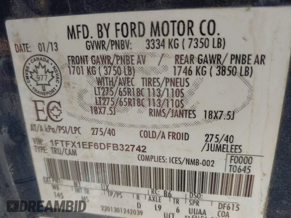 2013 Ford F-150 XL with VIN 1FTFX1EF6DFB32742, listed as a IAAI auction lot 42599093 with 166,933 mi miles and . Bid and sale history available at DreamBid. Image 9.