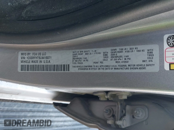 2020 Ram 1500 Limited with VIN 1C6SRFHT9LN418071, listed as a IAAI auction lot 41351897 with 1 mi miles. Bid and sale history available at carsss.com. Image 9.