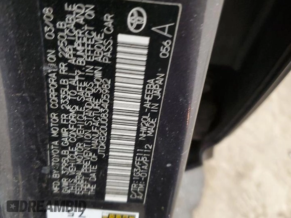 2008 Toyota Prius with VIN JTDKB20U083405982, listed as a Copart auction lot 53852895 with Not provided miles and Salvage title. Bid and sale history available at DreamBid. Image 12.