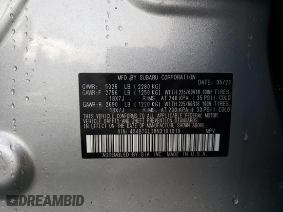 2022 Subaru Outback Onyx XT z VIN 4S4BTGLD8N3101019, wystawiony jako Copart lot #46464165 z przebiegiem 43 642 mil mil oraz Szkoda całkowita • Salvage title. Historia ofert i sprzedaży dostępna na DreamBid. Obrazek 15.