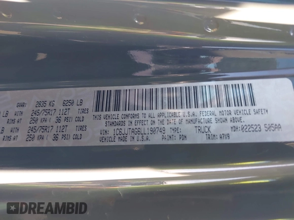 2020 Jeep Gladiator Sport S with VIN 1C6JJTAG6LL190749, listed as a IAAI auction lot 41401209 with 97,292 mi miles and . Bid and sale history available at DreamBid. Image 9.