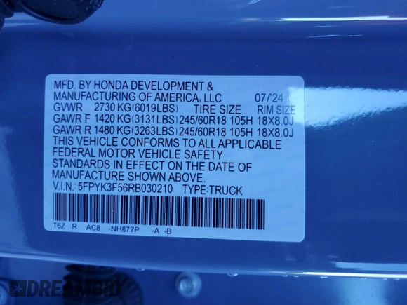 2024 Honda Ridgeline RTL with VIN 5FPYK3F56RB030210, listed as a Copart auction lot 47406845 with 4,042 mi miles and Salvage title. Bid and sale history available at DreamBid. Image 12.
