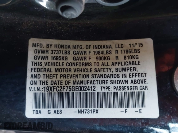2016 Honda Civic Sedan EX with VIN 19XFC2F75GE002412, listed as a IAAI auction lot 41759751 with 209,582 mi miles. Bid and sale history available at carsss.com. Image 9.