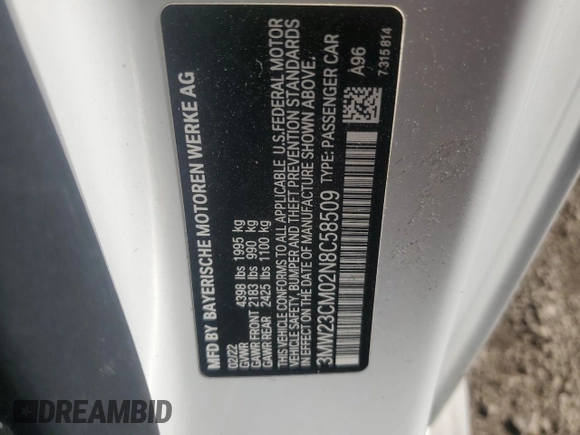 2022 BMW 2 Series 230i z VIN 3MW23CM02N8C58509, wystawiony jako Copart lot #56435025 z przebiegiem 34 383 mil mil oraz Szkoda całkowita • Salvage title. Historia ofert i sprzedaży dostępna na DreamBid. Obrazek 12.