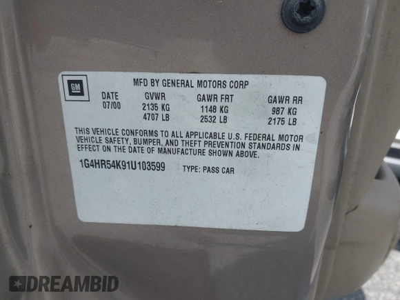 2001 Buick LeSabre Limited с VIN 1G4HR54K91U103599, выставлен на аукционе IAAI как лот 42395236 с пробегом 176 145 миль миль и . История ставок и продаж доступна на DreamBid. Изображение 9.