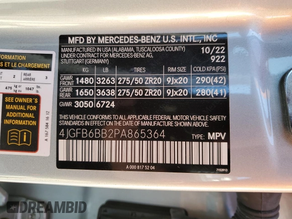 2023 Mercedes-Benz GLE 53 AMG with VIN 4JGFB6BB2PA865364, listed as a Copart auction lot 70387434 with 10,509 mi miles and Salvage title. Bid and sale history available at DreamBid. Image 14.