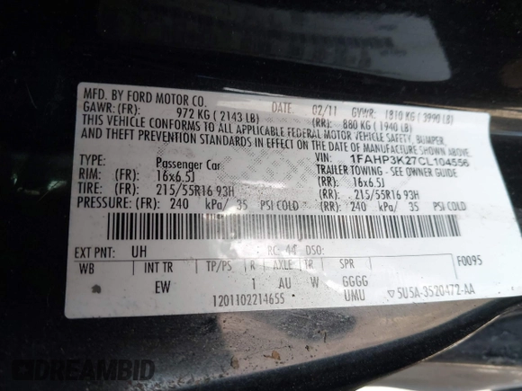 2012 Ford Focus SE with VIN 1FAHP3K27CL104556, listed as a IAAI auction lot 42065766 with 123,236 mi miles and . Bid and sale history available at carsss.com. Image 9.