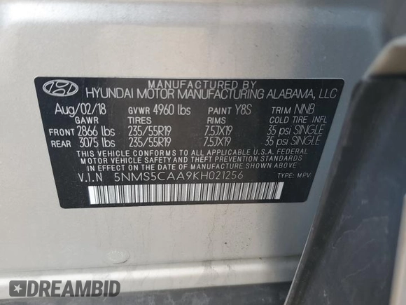 2019 Hyundai Santa Fe Ultimate with VIN 5NMS5CAA9KH021256, listed as a Copart auction lot 48920435 with 106,823 mi miles and Clean Title. Bid and sale history available at carsss.com. Image 13.