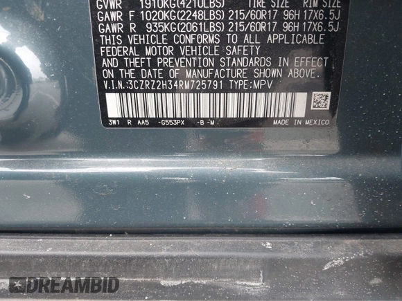 2024 Honda HR-V LX with VIN 3CZRZ2H34RM725791, listed as a IAAI auction lot 41342535 with 18,408 mi miles and . Bid and sale history available at DreamBid. Image 9.