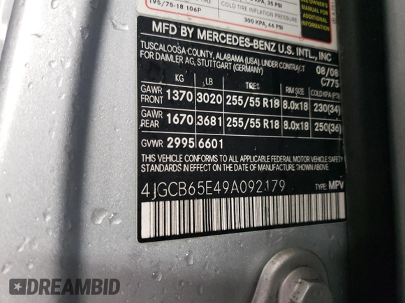 2009 Mercedes-Benz R 3.5L with VIN 4JGCB65E49A092179, listed as a Copart auction lot 46138045 with 157,021 mi miles and Salvage Title. Bid and sale history available at DreamBid. Image 12.