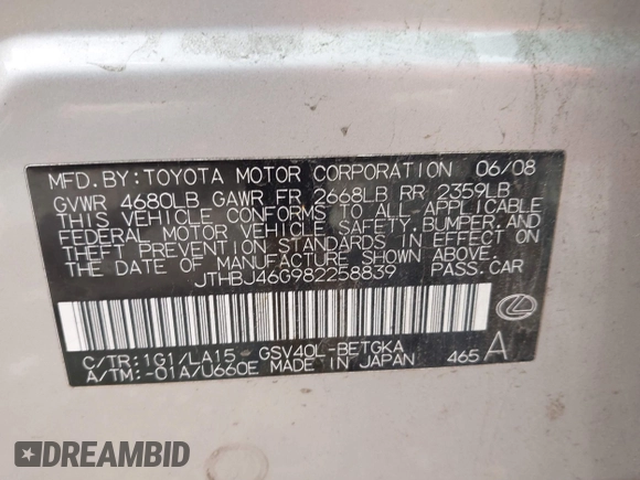 2008 Lexus ES 330 z VIN JTHBJ46G982258839, wystawiony jako IAAI lot #42355889 z przebiegiem Nie podano mil oraz . Historia ofert i sprzedaży dostępna na DreamBid. Obrazek 9.
