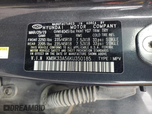 2019 Hyundai Kona Limited with VIN KM8K33A56KU350185, listed as a Copart auction lot 85416454 with 71,067 mi miles and Salvage Title. Bid and sale history available at carsss.com. Image 12.