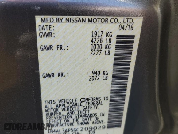 2016 Nissan Altima SR z VIN 1N4AL3AP5GC209029, wystawiony jako Copart lot #55973955 z przebiegiem 131 909 mil mil oraz Szkoda całkowita • Salvage title. Historia ofert i sprzedaży dostępna na DreamBid. Obrazek 12.