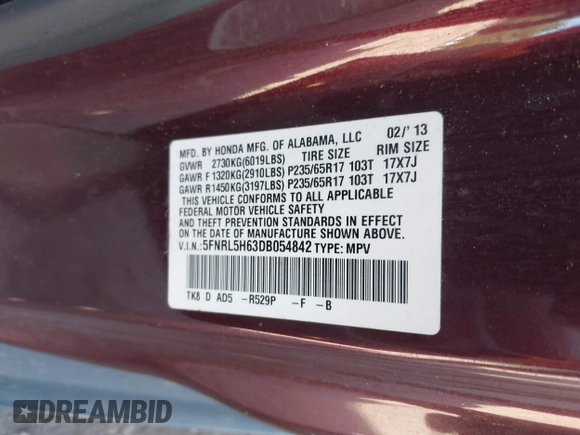 2013 Honda Odyssey EX-L с VIN 5FNRL5H63DB054842, выставлен на аукционе IAAI как лот 42338007 с пробегом 192 951 миль миль и . История ставок и продаж доступна на DreamBid. Изображение 9.