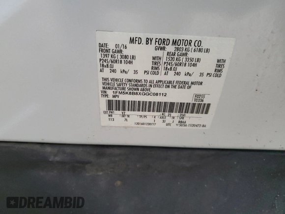 2016 Ford Explorer with VIN 1FM5K8B8XGGC08112, listed as a Copart auction lot 49179785 with 148,470 mi miles and Salvage Title. Bid and sale history available at DreamBid. Image 15.