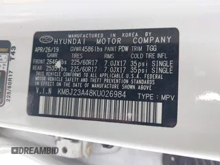 2019 Hyundai Tucson SE with VIN KM8J23A48KU026984, listed as a IAAI auction lot 41767118 with 72,647 mi miles. Bid and sale history available at carsss.com. Image 9.