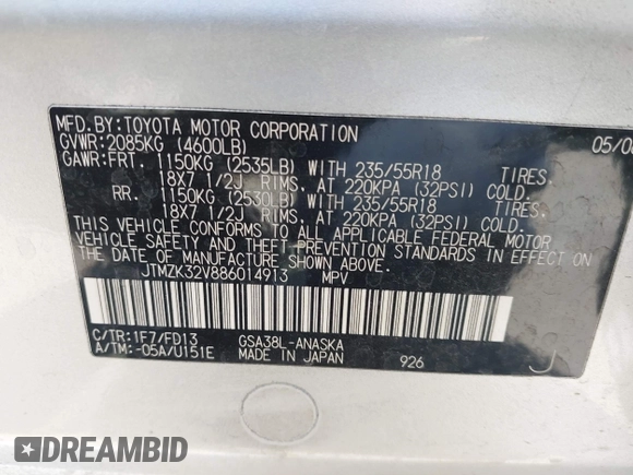 2008 Toyota RAV4 Sport z VIN JTMZK32V886014913, wystawiony jako IAAI lot #42303952 z przebiegiem 190 510 mil mil oraz . Historia ofert i sprzedaży dostępna na DreamBid. Obrazek 9.