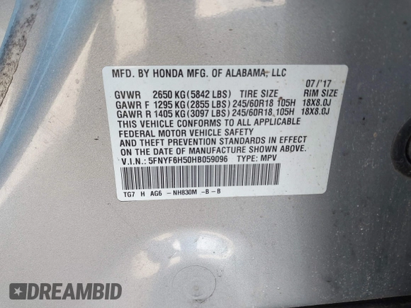 2017 Honda Pilot EX-L with VIN 5FNYF6H50HB059096, listed as a IAAI auction lot 41757214 with 165,651 mi miles and . Bid and sale history available at DreamBid. Image 9.
