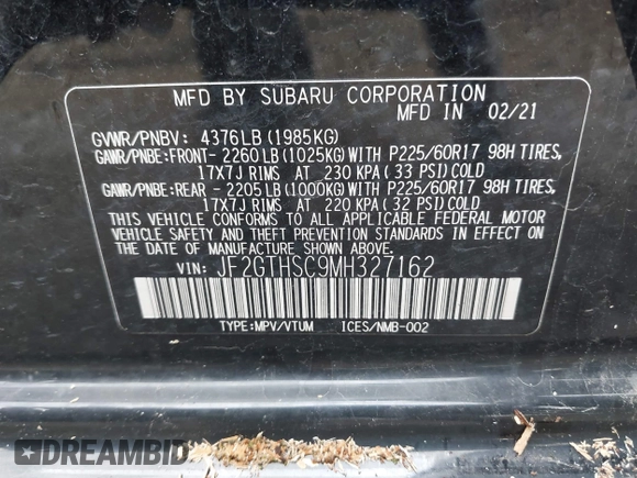 2021 Subaru Crosstrek Special Sports with VIN JF2GTHSC9MH327162, listed as a IAAI auction lot 41966168 with 61,918 mi miles and . Bid and sale history available at DreamBid. Image 9.