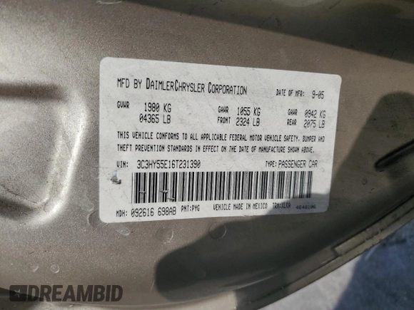 2006 Chrysler PT Cruiser with VIN 3C3HY55E16T231390, listed as a Copart auction lot 45587945 with 162,011 mi miles and Salvage Title. Bid and sale history available at DreamBid. Image 12.