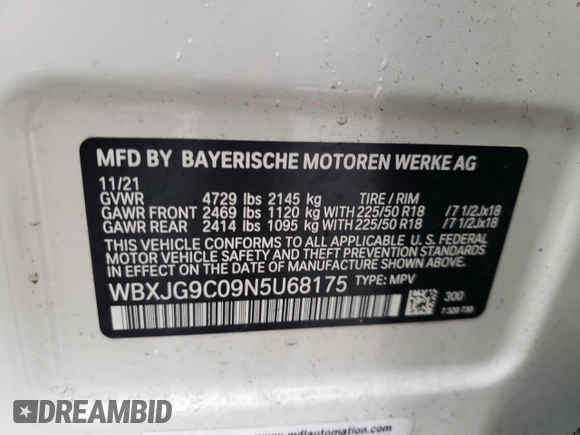 2022 BMW X1 xDrive28i с VIN WBXJG9C09N5U68175, выставлен на аукционе Copart как лот 47750845 с пробегом 42 521 миль миль и Списание • Salvage title. История ставок и продаж доступна на DreamBid. Изображение 12.