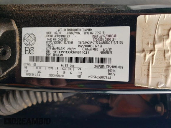 2017 Ford F-150 XL with VIN 1FTFW1EGXHFB14021, listed as a Copart auction lot 56183445 with 151,449 mi miles and Salvage title. Bid and sale history available at DreamBid. Image 12.