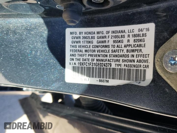 2016 Honda Civic EX-T with VIN 19XFC1F31GE024379, listed as a Copart auction lot 89160135 with 127,111 mi miles and Salvage title. Bid and sale history available at DreamBid. Image 14.