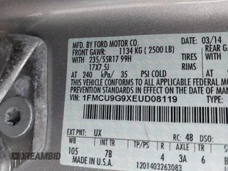 2014 Ford Escape SE with VIN 1FMCU9G9XEUD08119, listed as a IAAI auction lot 41828389 with 126,851 mi miles. Bid and sale history available at carsss.com. Image 9.