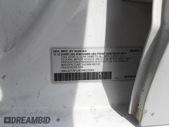2013 Audi A4 Premium Plus z VIN WAUEFAFL4DN033083, wystawiony jako Copart lot #50030305 z przebiegiem 124 088 mil mil oraz Szkoda całkowita • Salvage title. Historia ofert i sprzedaży dostępna na DreamBid. Obrazek 14.
