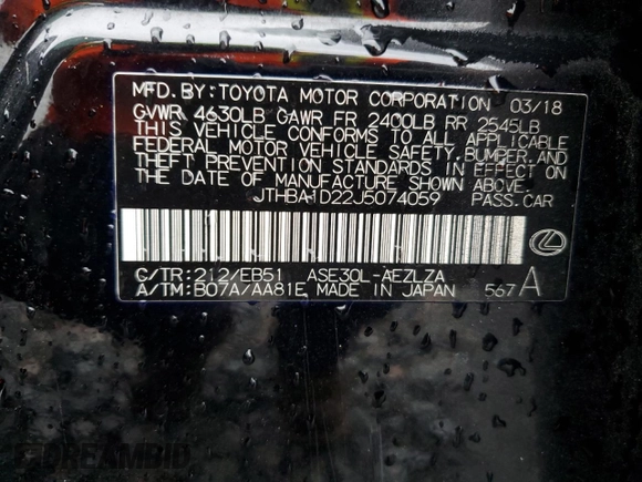 2018 Lexus IS 300 с VIN JTHBA1D22J5074059, выставлен на аукционе Copart как лот 61159645 с пробегом 99 658 миль миль и Списание • Salvage title. История ставок и продаж доступна на DreamBid. Изображение 13.