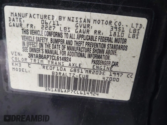 2012 Nissan Sentra SL with VIN 3N1AB6AP7CL614924, listed as a IAAI auction lot 41504978 with 93,680 mi miles and . Bid and sale history available at DreamBid. Image 9.