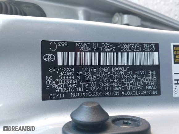 2022 Toyota Prius L Eco with VIN JTDKAMFU5N3189130, listed as a IAAI auction lot 41155935 with 44,253 mi miles. Bid and sale history available at carsss.com. Image 9.