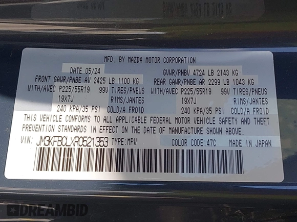 2024 Mazda CX-5 S Carbon Edition z VIN JM3KFBCLXR0521353, wystawiony jako IAAI lot #42351444 z przebiegiem 17 270 mil mil oraz . Historia ofert i sprzedaży dostępna na DreamBid. Obrazek 9.