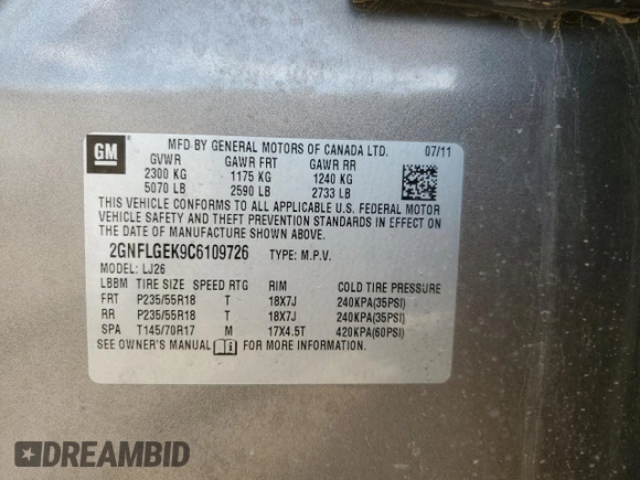 2012 Chevrolet Equinox LTZ with VIN 2GNFLGEK9C6109726, listed as a Copart auction lot 49088145 with 61,161 mi miles and Salvage Title. Bid and sale history available at carsss.com. Image 13.