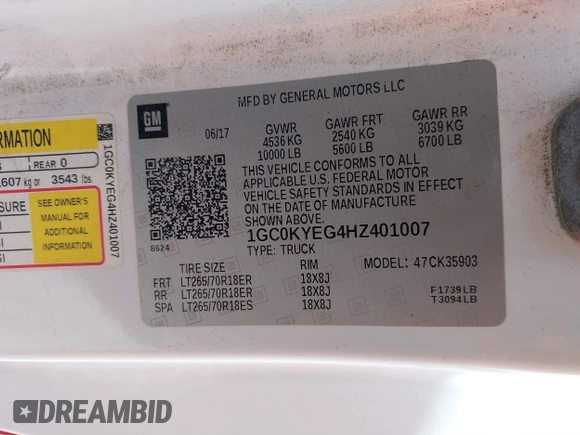 2017 Chevrolet Silverado 3500HD with VIN 1GC0KYEG4HZ401007, listed as a IAAI auction lot 41629647 with 210,431 mi miles and . Bid and sale history available at DreamBid. Image 9.