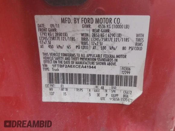2012 Ford F-250 XL с VIN 1FTBF2A6XCEA41944, выставлен на аукционе Copart как лот 59588615 с пробегом 238 614 миль миль и Чистый • Clean title. История ставок и продаж доступна на DreamBid. Изображение 12.