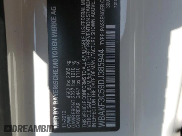 2013 BMW 3 Series 328i xDrive with VIN WBAKF3C59DJ385944, listed as a Copart auction lot 58465065 with Not provided miles and Salvage title. Bid and sale history available at DreamBid. Image 12.
